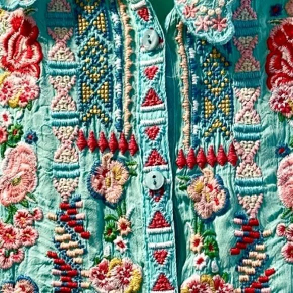 Gorgeous Johnny Was Floral Embroidered Blouse ~ Tiffany Blue ~ Boho Chic - Picture 10 of 14